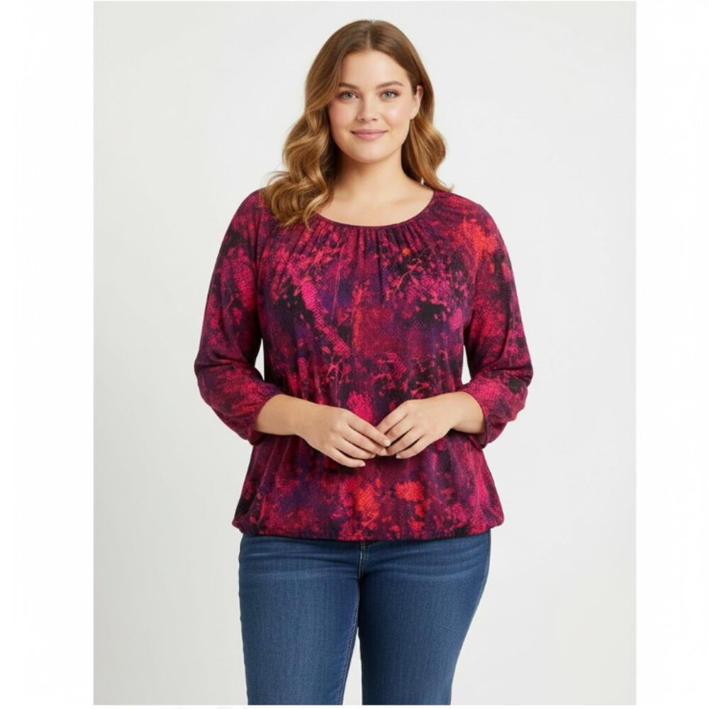 INC International Concepts Pink Purple‎ Abstract Print Round Neck Blouse 1X